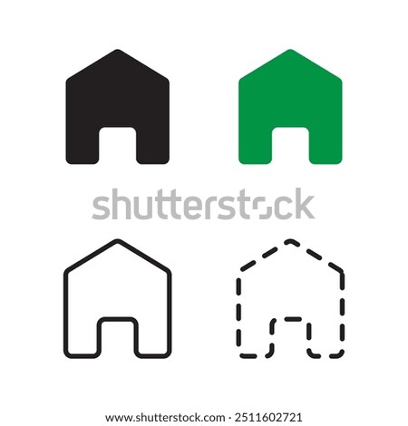 House icon set. Simple home symbols. Black, green, outline, and dashed styles. Vector illustration.