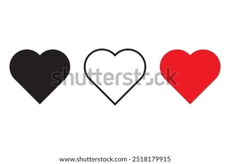 Heart icon set. Black, outlined, and red heart. Love symbols collection. Vector illustration.