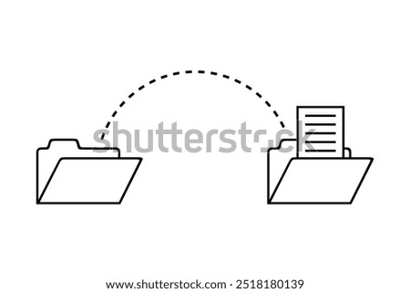 File transfer illustration. Dashed line connecting two folders. Document moving between folders. Simple outline style.