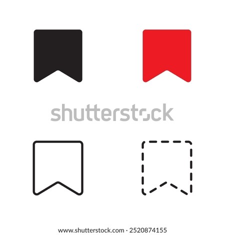 Bookmark icon. Black and red symbols. Outline and dashed styles. Vector set.