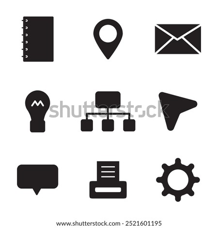 Notebook icon. Location pin symbol. Message envelope graphic. Simple business icons.