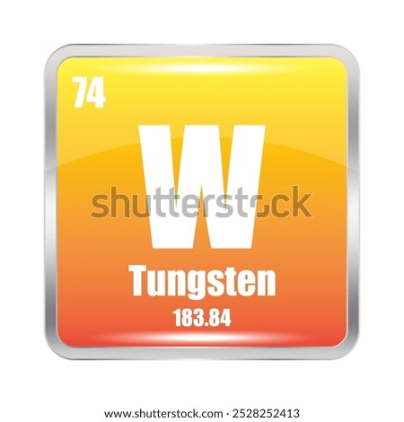 Tungsten icon. W chemical element. Atomic number 74. Mass 183.84. Orange square.