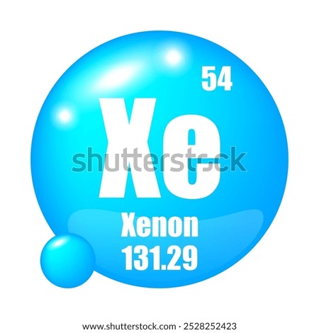 Xenon icon. Xe chemical element. Atomic number 54. Mass 131.29. Blue sphere.