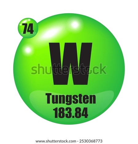 Tungsten icon. W chemical element. Atomic number 74. Mass 183.84. Green sphere image. Vector symbol.