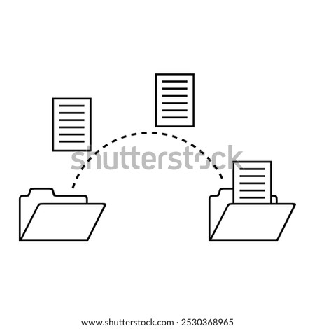 File transfer icon. Documents moving between folders. Dashed line connection. Simple outline style.