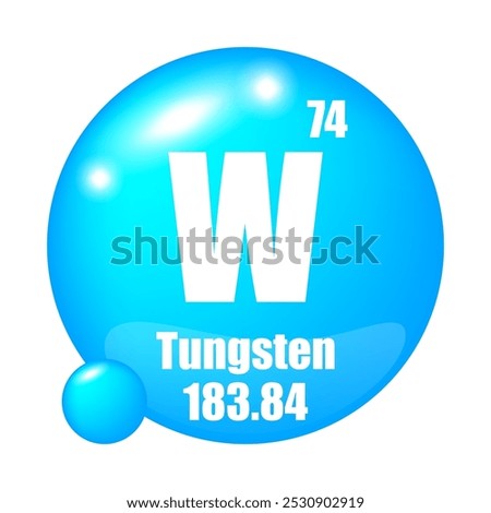 Tungsten icon. W chemical element. Atomic number 74. Mass 183.84. Blue sphere image. Vector symbol.