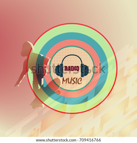 Musical logo for radio station. Skateboarder on the background music disc and the bright background. Vector illustration of colorful color.