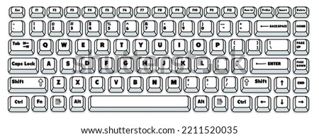 Computer gamer keyboard, all keys, vector illustration. Alphabets keys, game control keyboard buttons. Isometric keys with full control. 4k size. Wireless isolated keyboard.