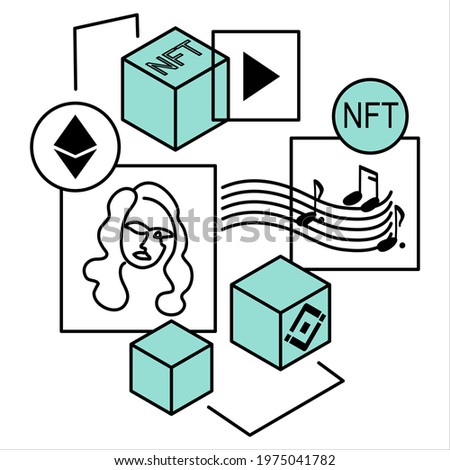 NFT - Non-Fungible Token, binance chain and euthereum chain vector illustration in infographic icon style