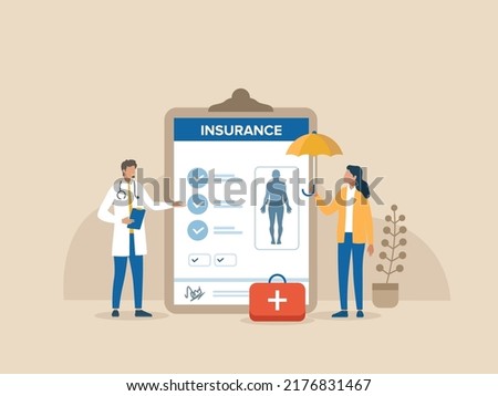 Health Insurance Contract. Staff in Hospital Office filling Medical Document Form. Health care Concept. Flat Isometric Vector Illustration.