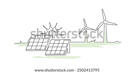 Solar panel power plant renewable energy sustainable energy generation with windmill wind fans electricity system