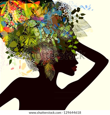silhouette of a girl with flowers. Raster