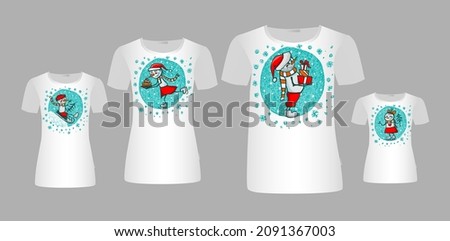 Family of snowmen print on t-shirts. Vector illustration