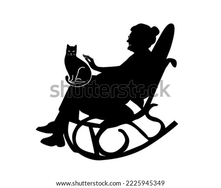 Senior woman with pets. Grandmother sits in a chair with a cat. Monochrome silhouette of an old woman. Grandma in a rocking chair. Vector illustration. Elderly people care