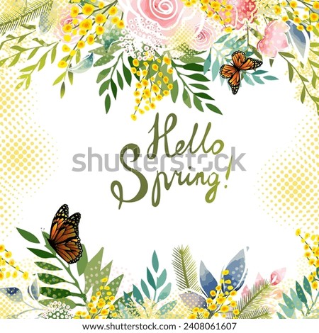 Yellow mimosa, flowers of yellow spots, splashes. Spring wreath of the brightest yellow flowers. Hello Spring . hand drawing. Not AI,