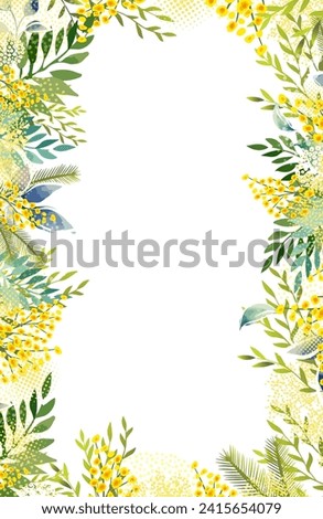vertical Frame with Yellow mimosa. Spring wreath of the brightest yellow flowers. Hello Spring . hand drawing. Not AI,