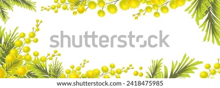 Horizontal frame with Yellow mimosa. Spring wreath of the brightest yellow flowers. Hello Spring . hand drawing. Not AI,