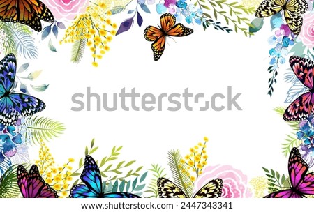 Horizontal floral frame with with butterflies. Spring wreath of the brightest different colorful flowers. Hello Spring . hand drawing. Not AI,