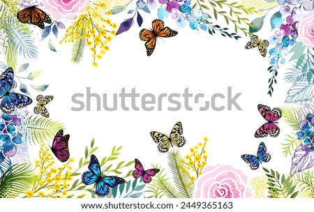 Horizontal floral frame with with butterflies. Spring wreath of the brightest different colorful flowers. Hello Spring . hand drawing. Not AI,