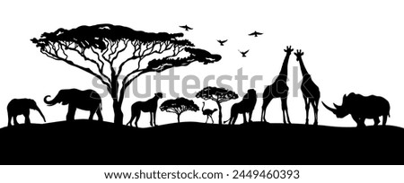 African landscape silhouettes of animals. hand drawing. Not AI, Vector illustration.