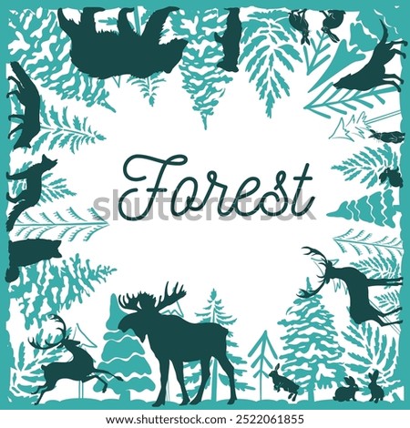 Frame of trees and animals in the forest. hand drawing. Not AI, Vector illustration.