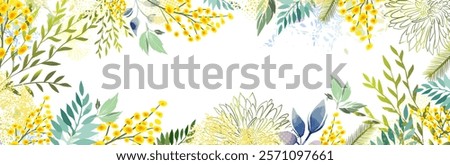 Horizontal frame with Yellow mimosa. Spring wreath of the brightest yellow flowers. Hello Spring . hand drawing. Not AI,