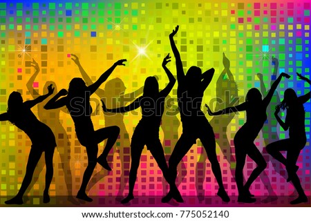 Rainbow colored Background and Silhouettes of dancing girls. Vec