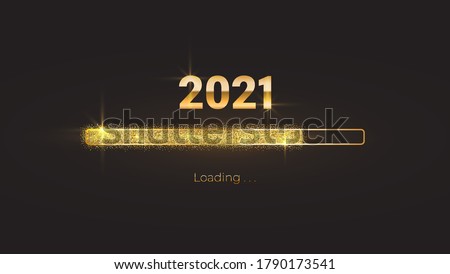 Progress bar with golden particles on black Download New Year's Eve. Loading animation screen with Glitter confetti shows almost reaching 2021. Creative festive banner with shiny progress bar