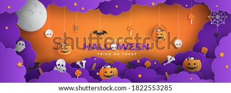 Happy Halloween Background vector illustration. Halloween hanging ornaments on orange background.