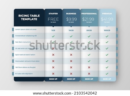 	
Business Price chart template, Web banner checklist design template. price list Comparison table design.