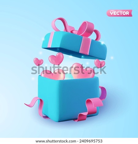 3D open blue gift box with pink ribbon filled with flying hearts over blue background. 3D rendering of a modern holiday surprise box.