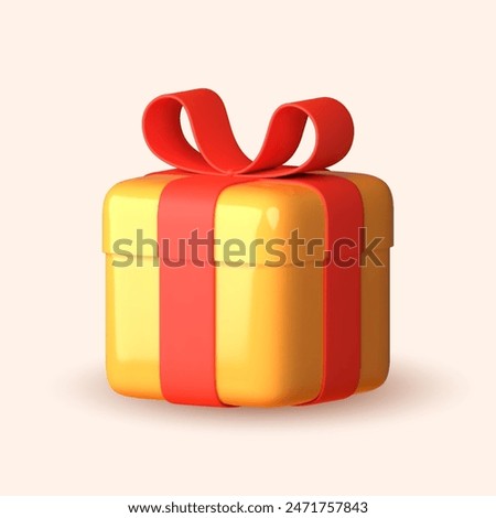 3D yellow gift boxes with ribbon in red over white background. 3D rendering of a modern holiday surprise box.