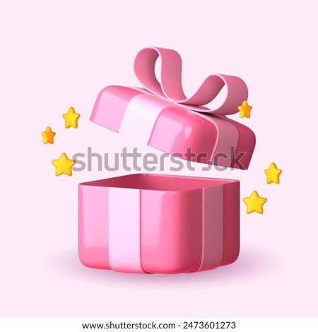 3D open pink gift boxes with ribbon in patel over pink background. 3D rendering of a modern holiday surprise box.