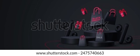 Black Friday poster or banner featuring a black gift box, shopping bag, discount balloon and product display podium. Designed as a sales banner template for social media and websites.