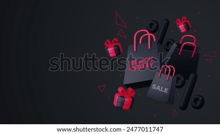 Black Friday poster or banner featuring a black gift box, shopping bag, discount balloon and product display podium. Designed as a sales banner template for social media and websites.