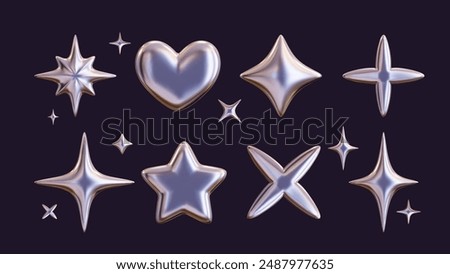 Set of 3D shapes in chrome, including a silver liquid star and a glossy heart sticker in a futuristic metal style. 3D chrome art at its finest.