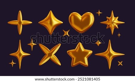 Set of 3D shapes in chrome, including a golden liquid star and a glossy heart sticker in a futuristic metal style. 3D chrome art at its finest.