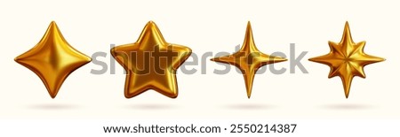 Set of 3D shapes in chrome, including a golden liquid star sticker in a futuristic metal style. 3D chrome art at its finest.