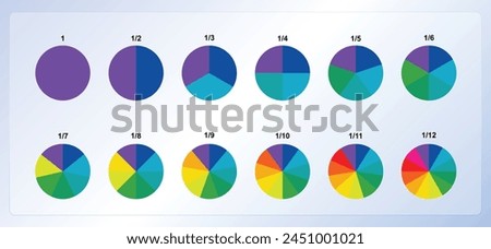 Pie chart with divided segments in multiple colors. Circle pie chart in 1, 2,3,4,5,6,7,8,9,10,11,12 sections or segments. Used for analyzing data.