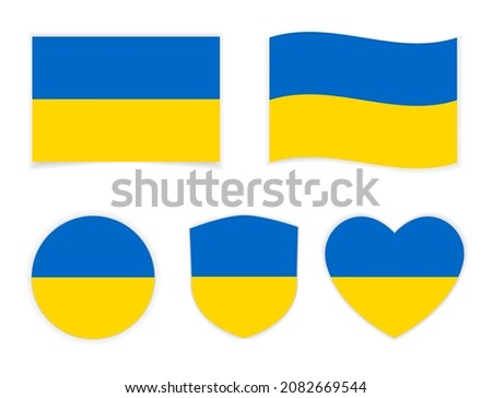 Ukraine national flag with shield badge and heart icon set