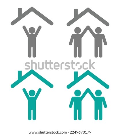 Person and friends hands up under house roof icon