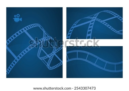 Blue cinema wave abstract background with film reel and movie video camera.