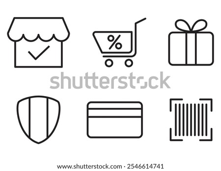 shopping business icon set with store, cart, gift box, shield; bank card anf qr code sign