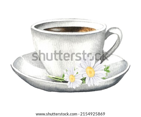Hand drawn watercolor illustration of cup and flowers chamomile on a white background. Herbal chamomile tea