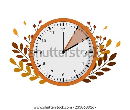 Fall Back concept. Vector illustration with a clock turning an hour back. Clocks on the autumn leaves background.