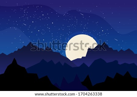 Landscape with mountains, moon night scene. Vector illustration design