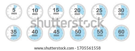 Set of timers. 5, 10, 15, 20, 25, 30, 35, 40, 45, 50, 55, and 60 minutes. Countdown timer icons set. Isolated vector illustration.