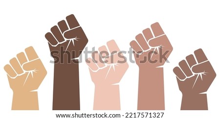 Multiethnic fists. Multiple hands raised with closed fists symbolizing black lives. Vector illustration.