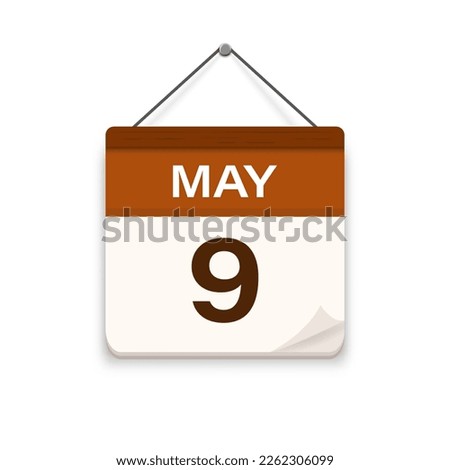 May 9, Calendar icon with shadow. Day, month. Meeting appointment time. Event schedule date. Flat vector illustration. 