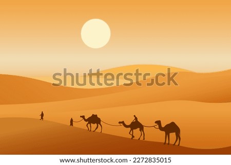 Camel caravan passing through the desert. African landscape. You can use for islamic background, banner, poster, website, social and print media. Vector illustration.